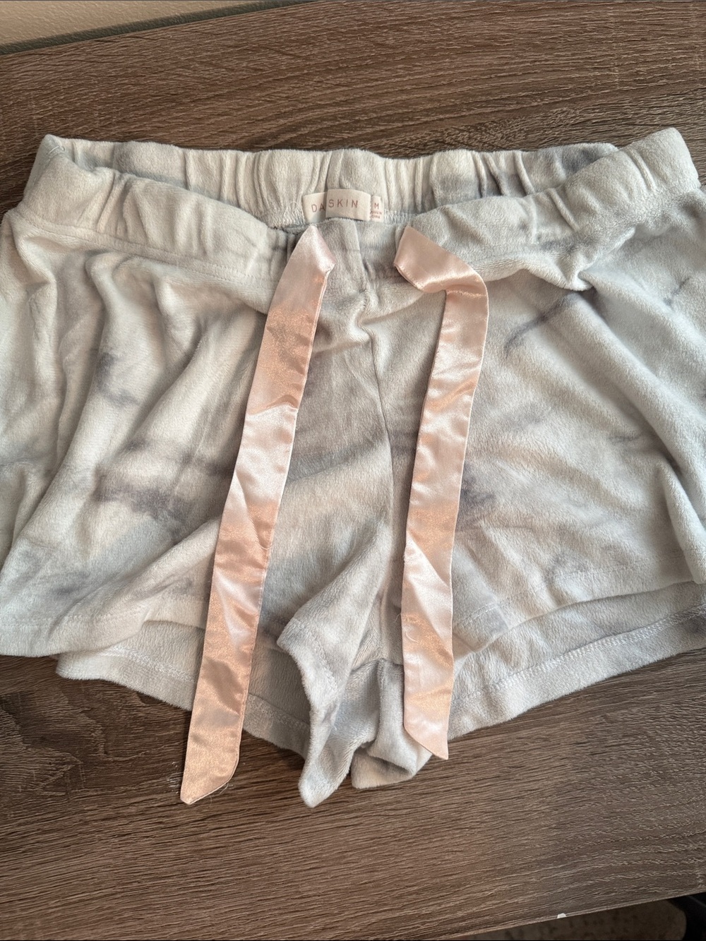 Danskin soft plush shorts in light beige with blush satin tie